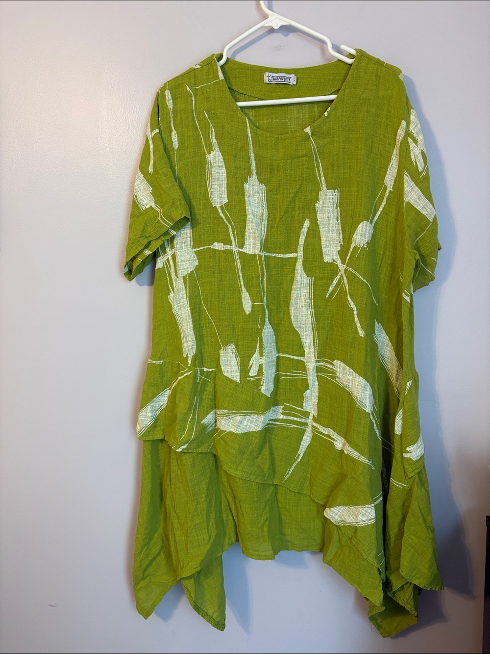 T by Transparente Line Green White Abstract Design Lagenlook Linen Dress Tunic